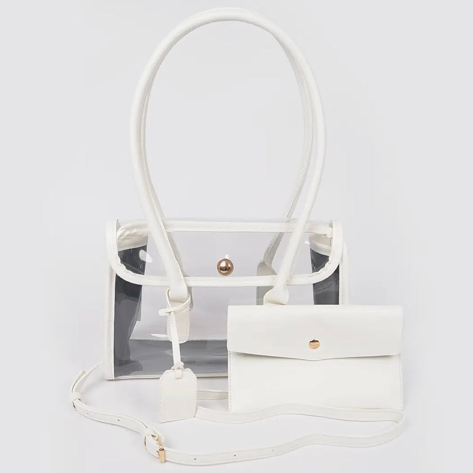 White Faux Leather Trimmed Clear Stadium Bag