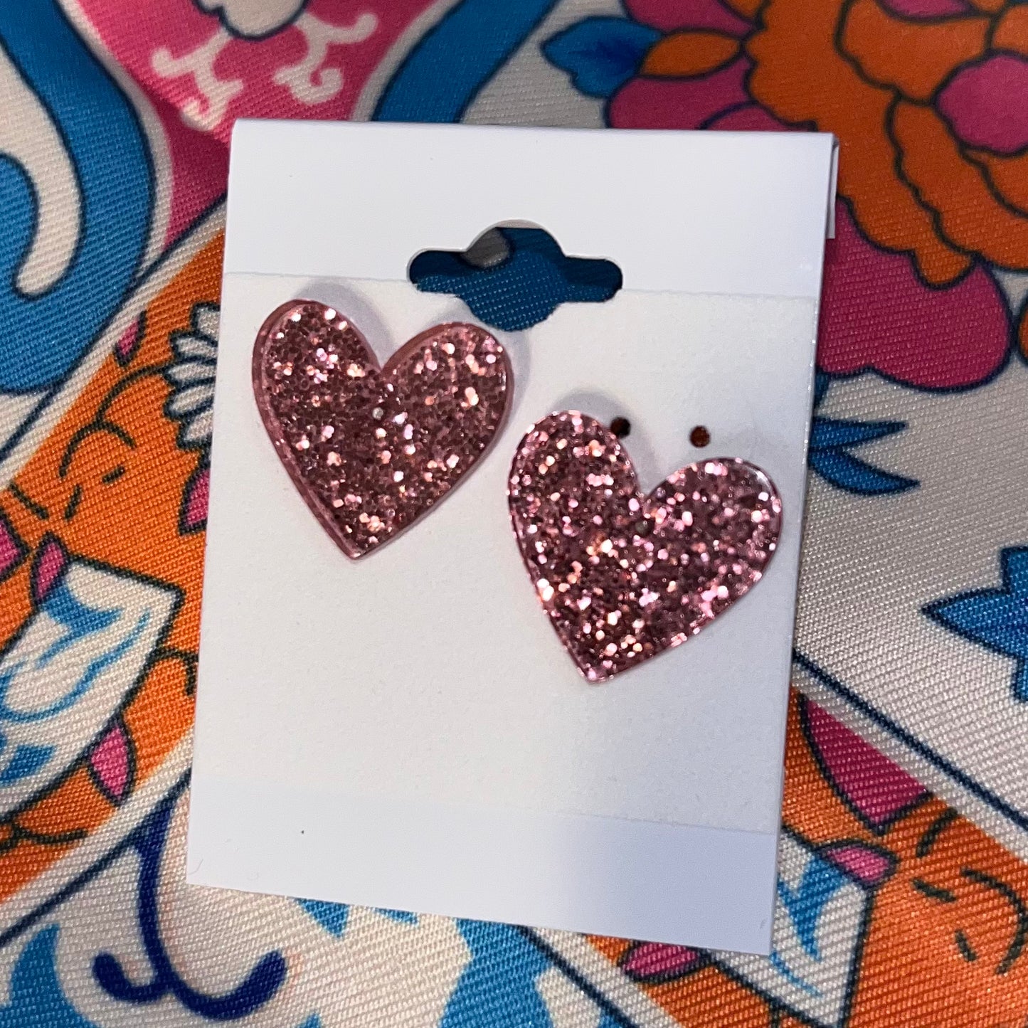 Pink Acrylic Glitter Heart Studs