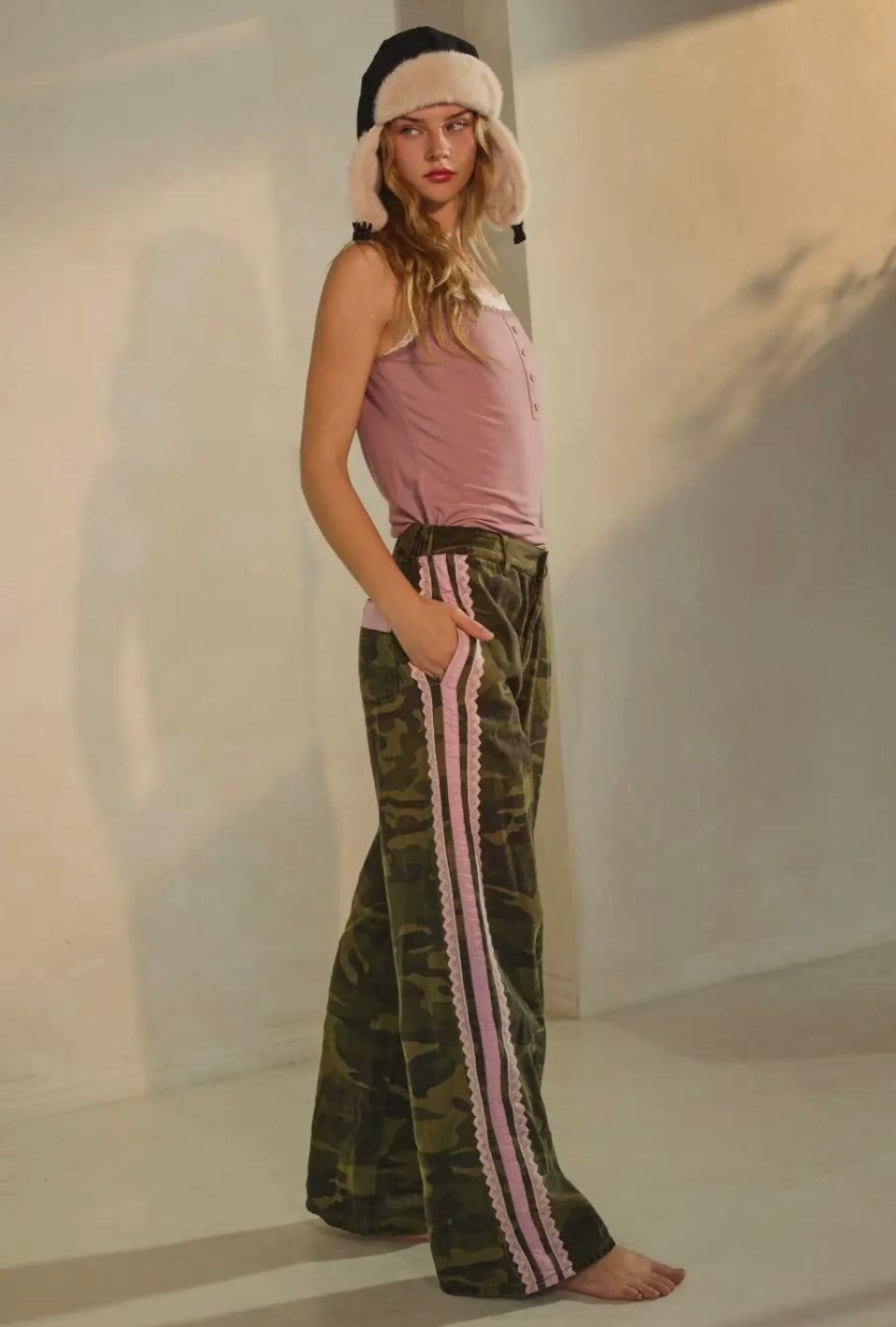 Washed Camo Printed Cotton Pants