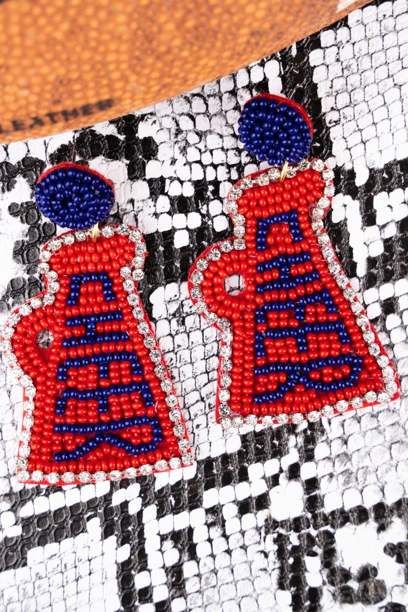 Red and Navy 'Cheer' Megaphone Seed Bead Earrings