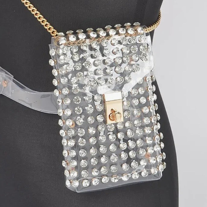 Rhinestone Pearl Clear Belt Stadium 
Bag w Chain