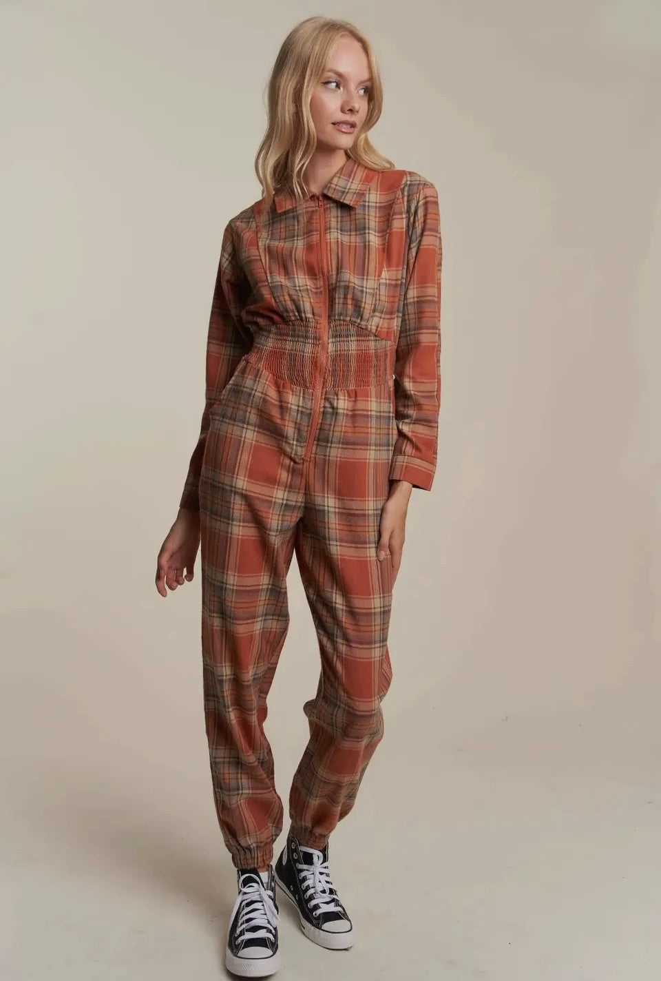 Rust Plaid Zip Down Jumpsuit