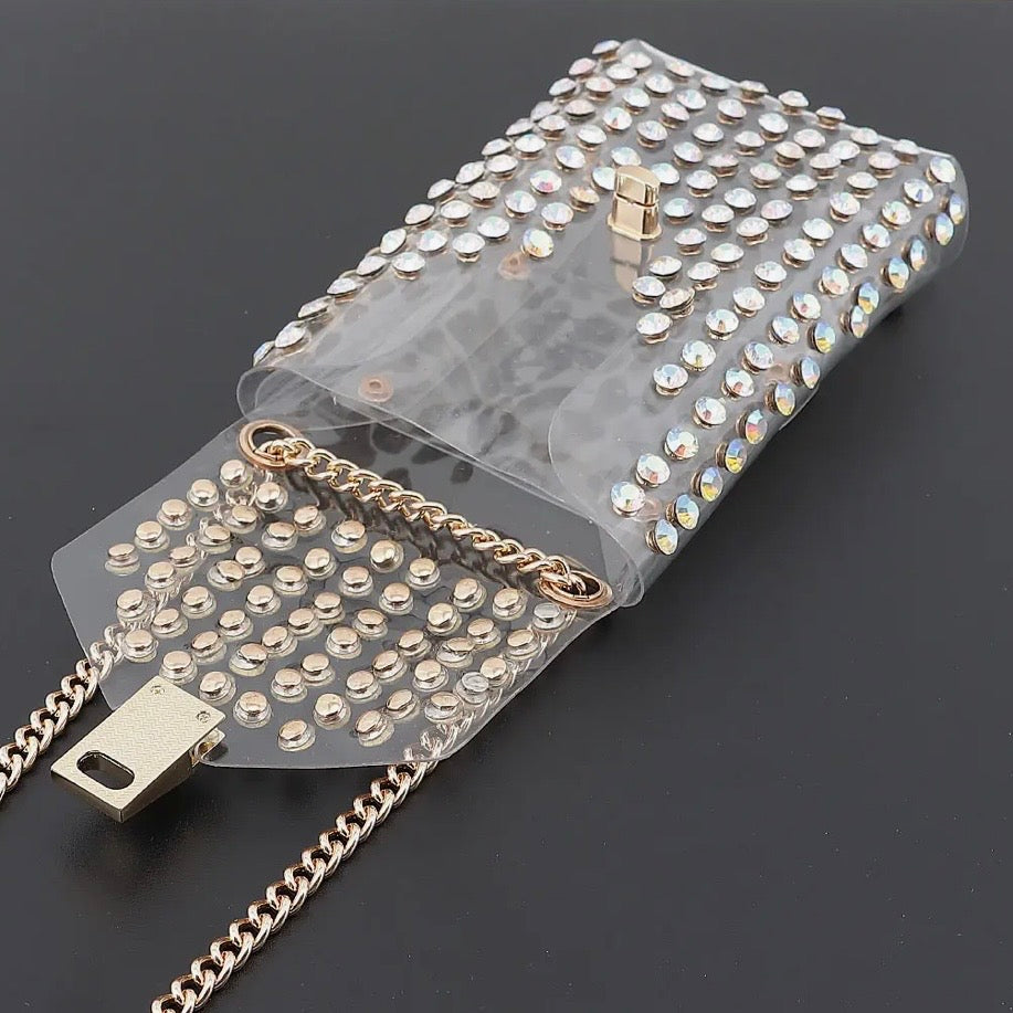 Rhinestone Pearl Clear Belt Stadium 
Bag w Chain