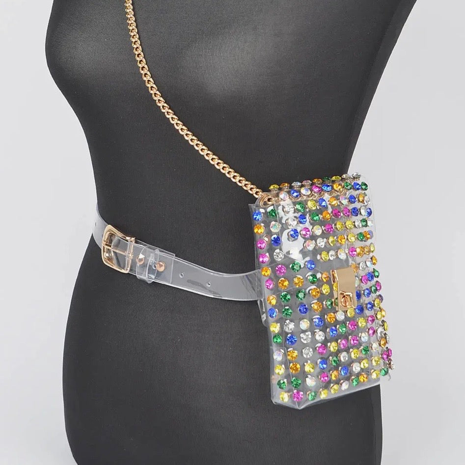 Rhinestone Pearl Clear Belt Stadium 
Bag w Chain
