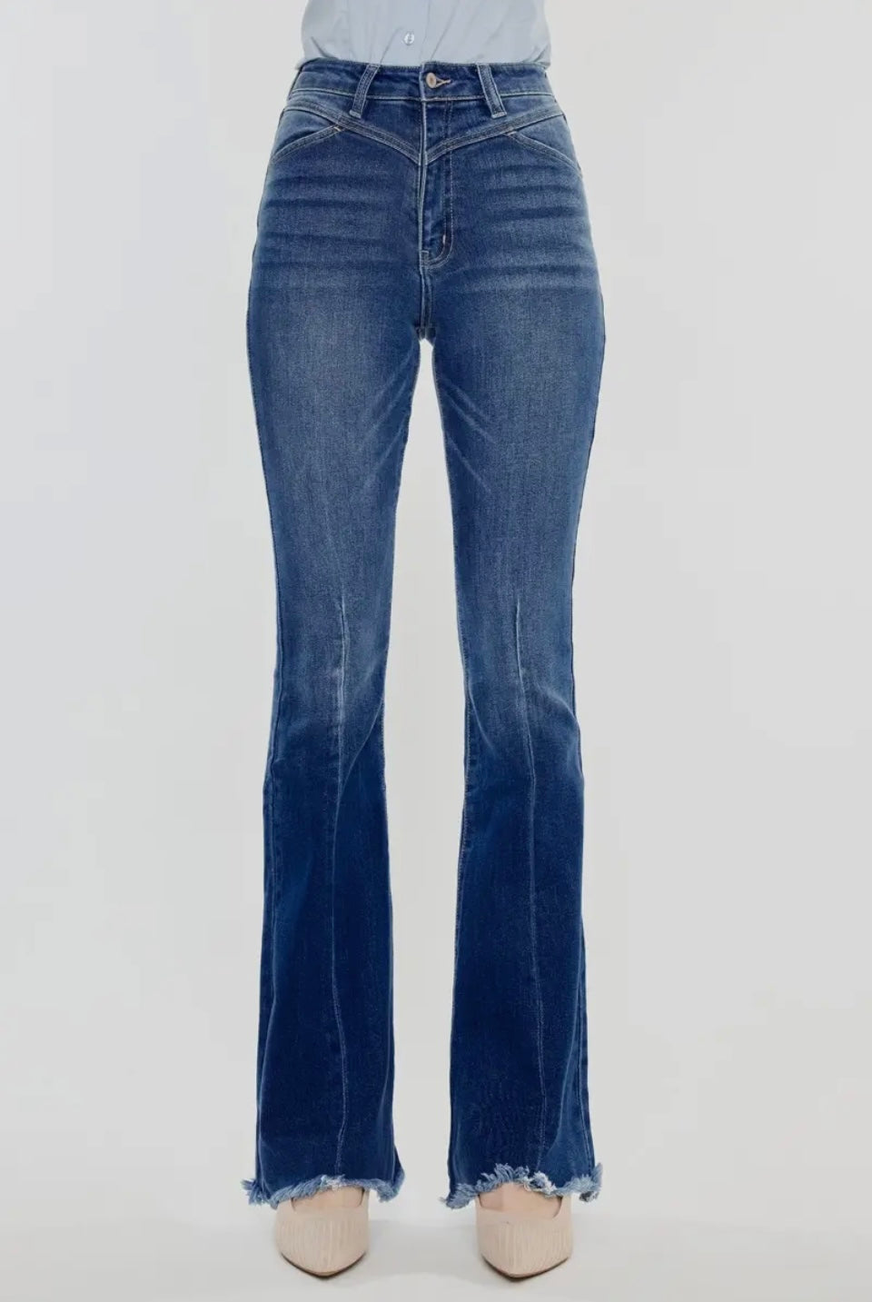 Kan Can Western High Rise Frayed Hem Flare Jeans