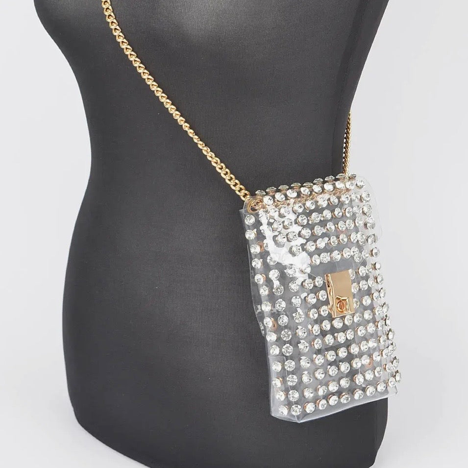Rhinestone Pearl Clear Belt Stadium 
Bag w Chain