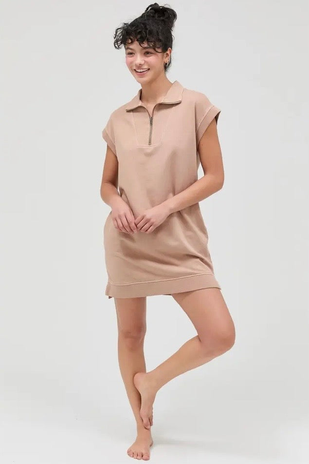 Taupe Half Zip Mock Neck Mini Dress