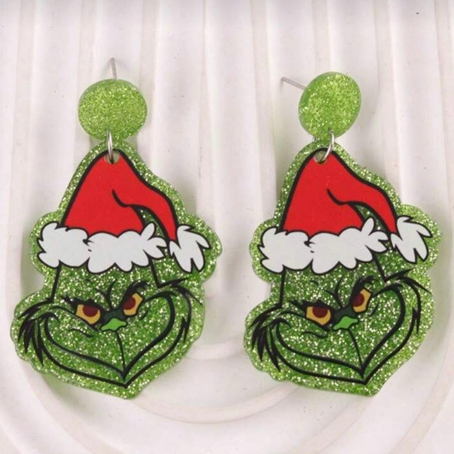 Acrylic Glitter Grinch Christmas Earrings