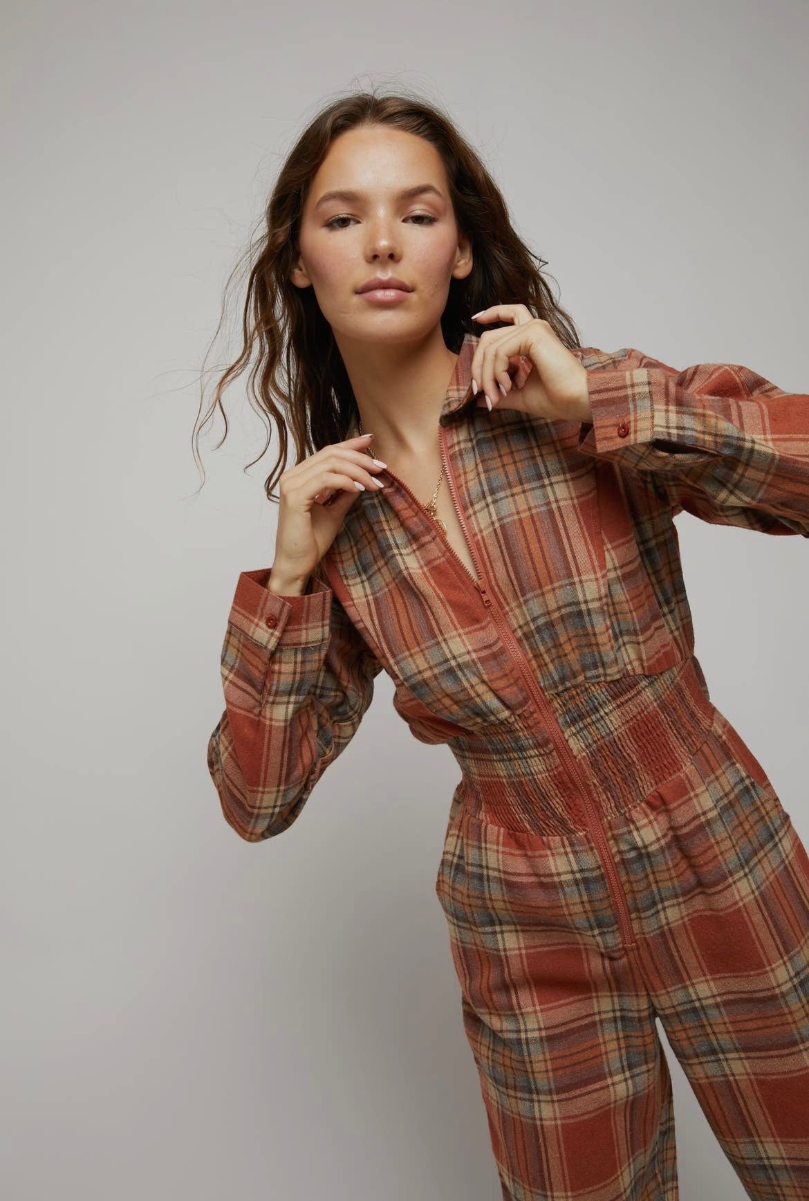 Rust Plaid Zip Down Jumpsuit