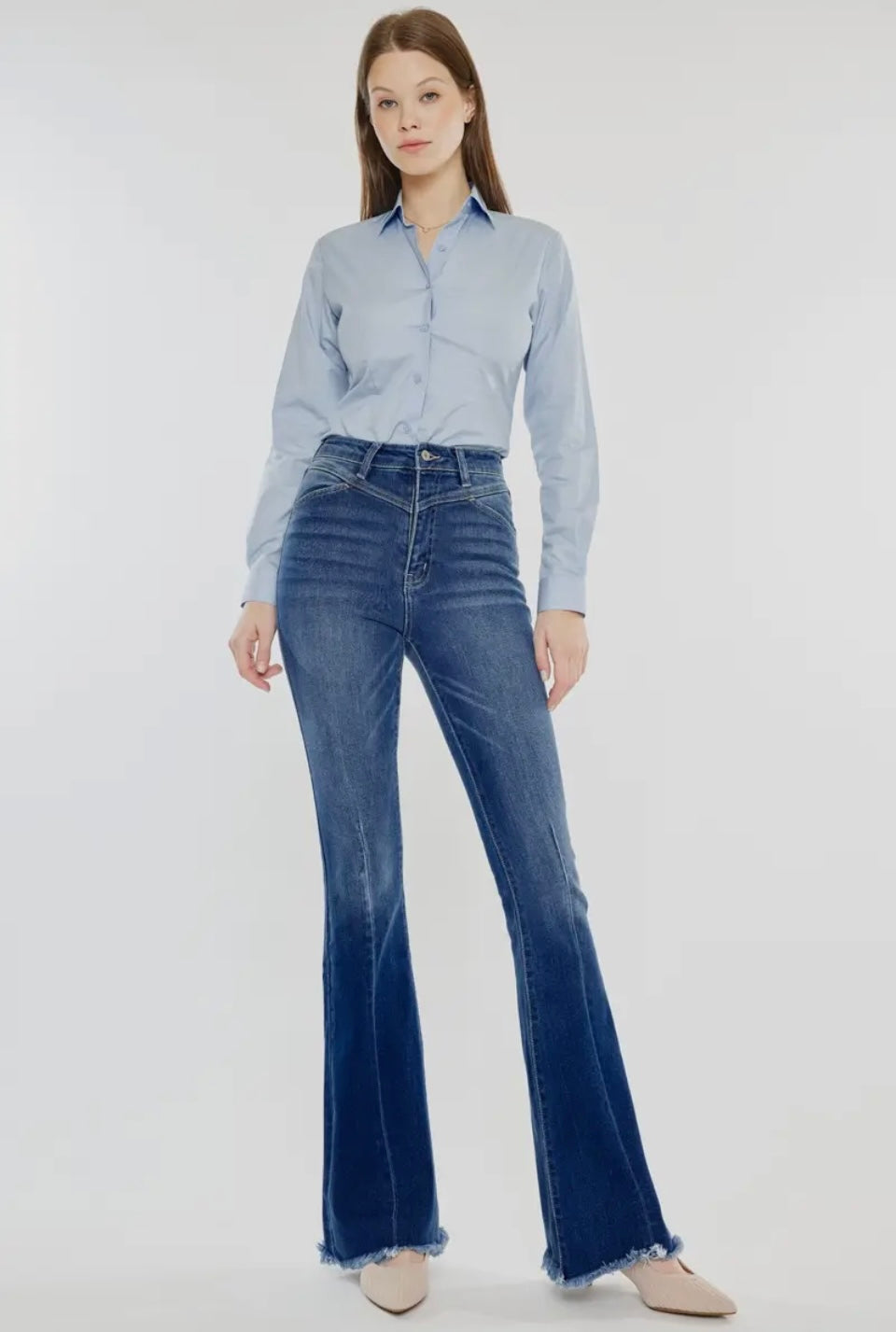 Kan Can Western High Rise Frayed Hem Flare Jeans