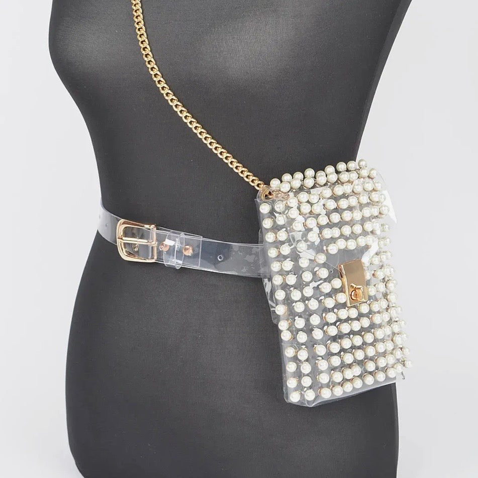 Rhinestone Pearl Clear Belt Stadium 
Bag w Chain