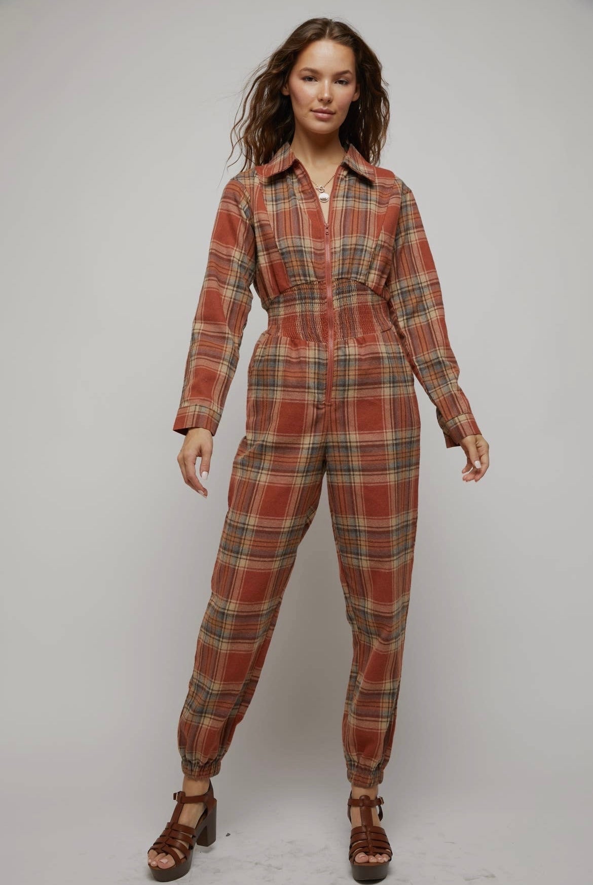 Rust Plaid Zip Down Jumpsuit