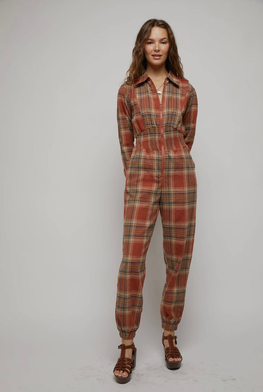 Rust Plaid Zip Down Jumpsuit
