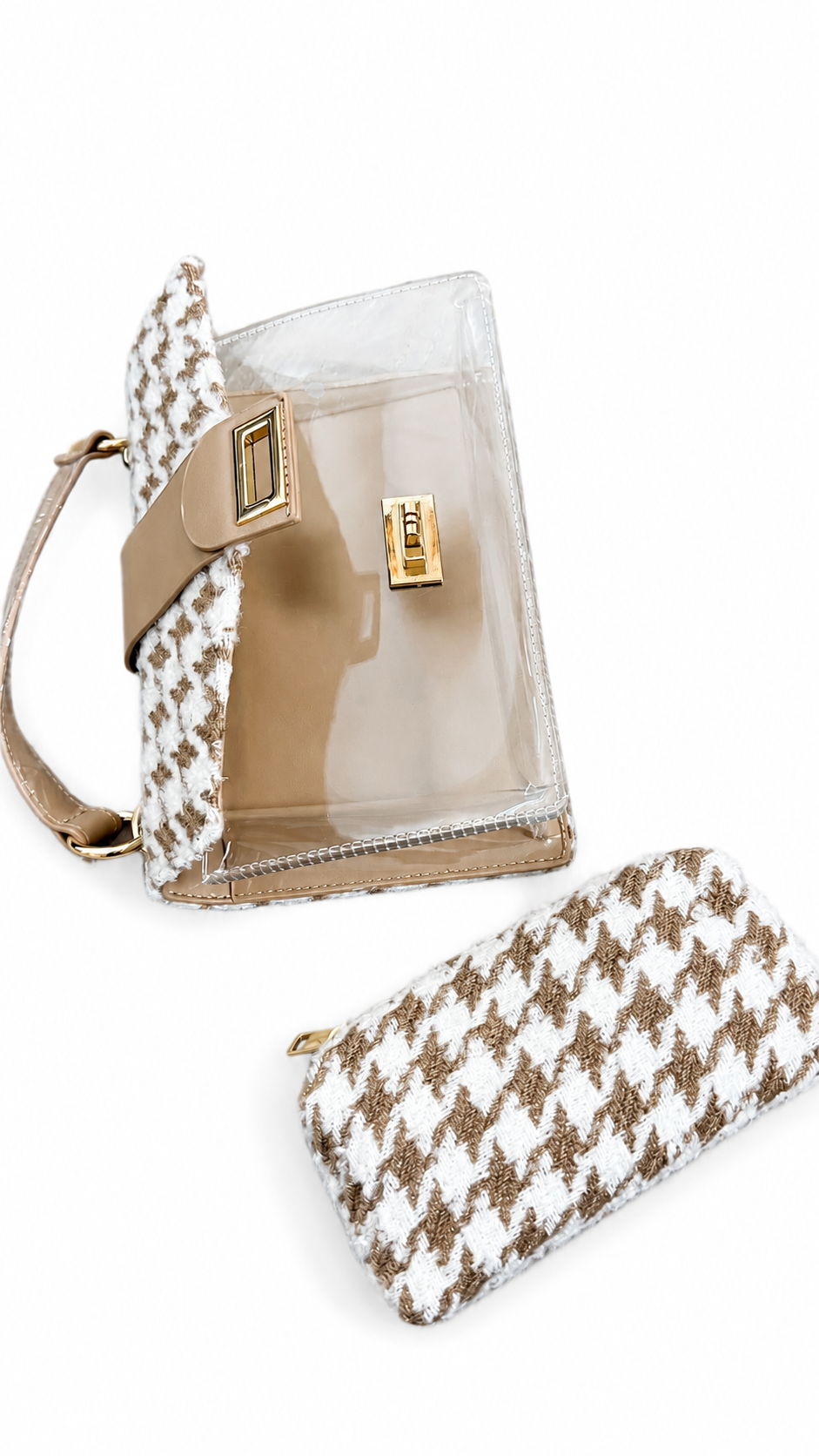 Tweed Houndstooth Transparent Stadium Bag Beige