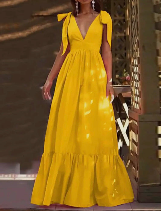 Gold Deep V Shoulder Tie Dress