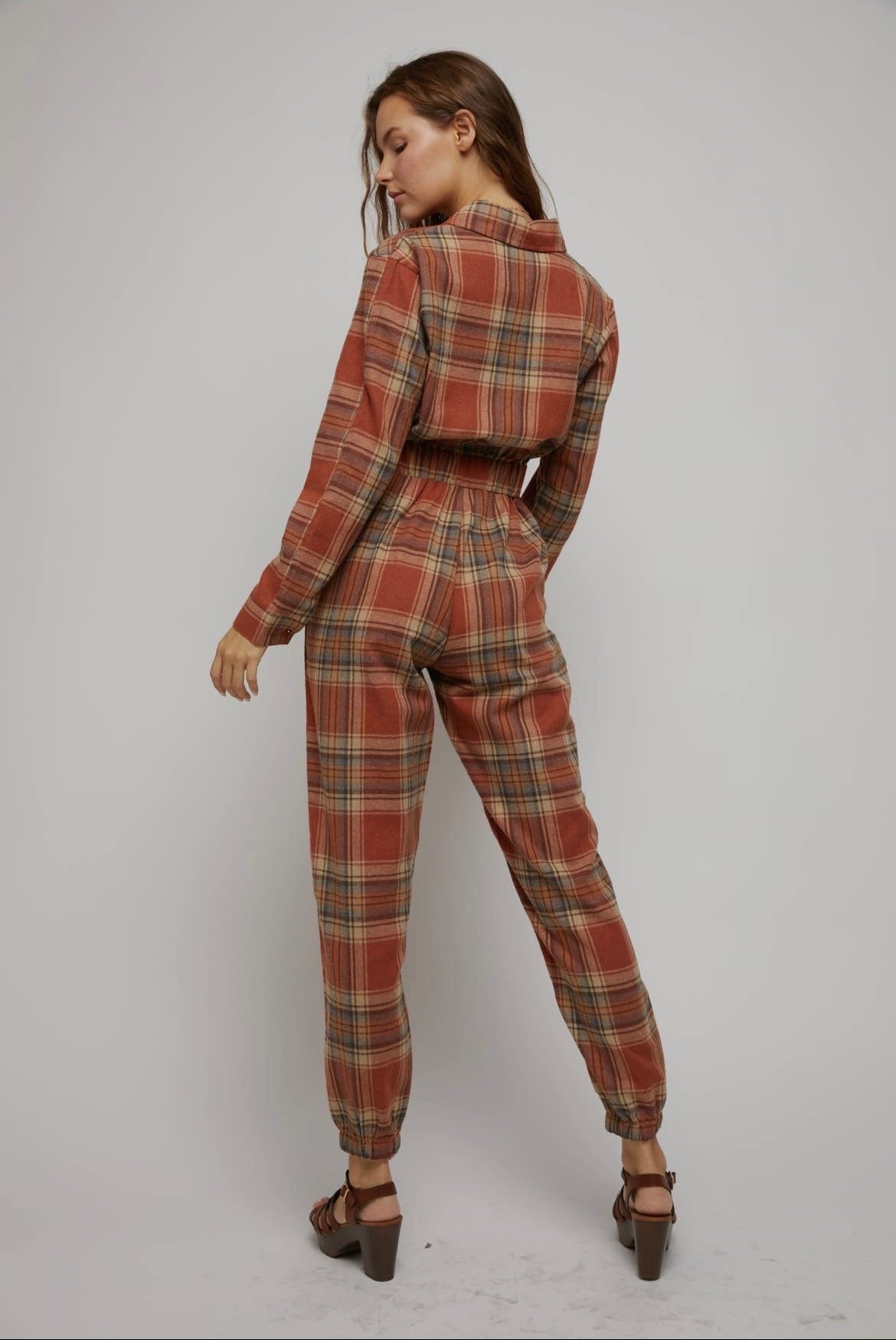 Rust Plaid Zip Down Jumpsuit