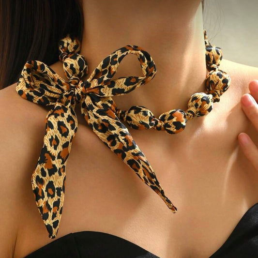 Leopard Print Large Bead Scarf Necklace