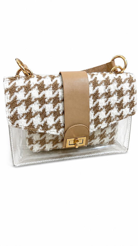 Tweed Houndstooth Transparent Stadium Bag Beige