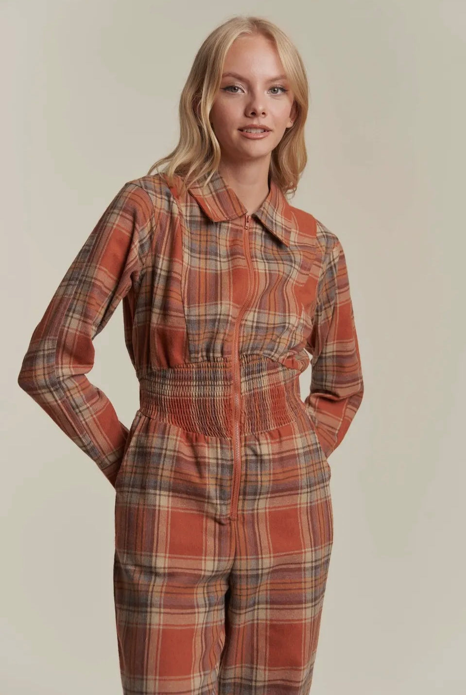 Rust Plaid Zip Down Jumpsuit