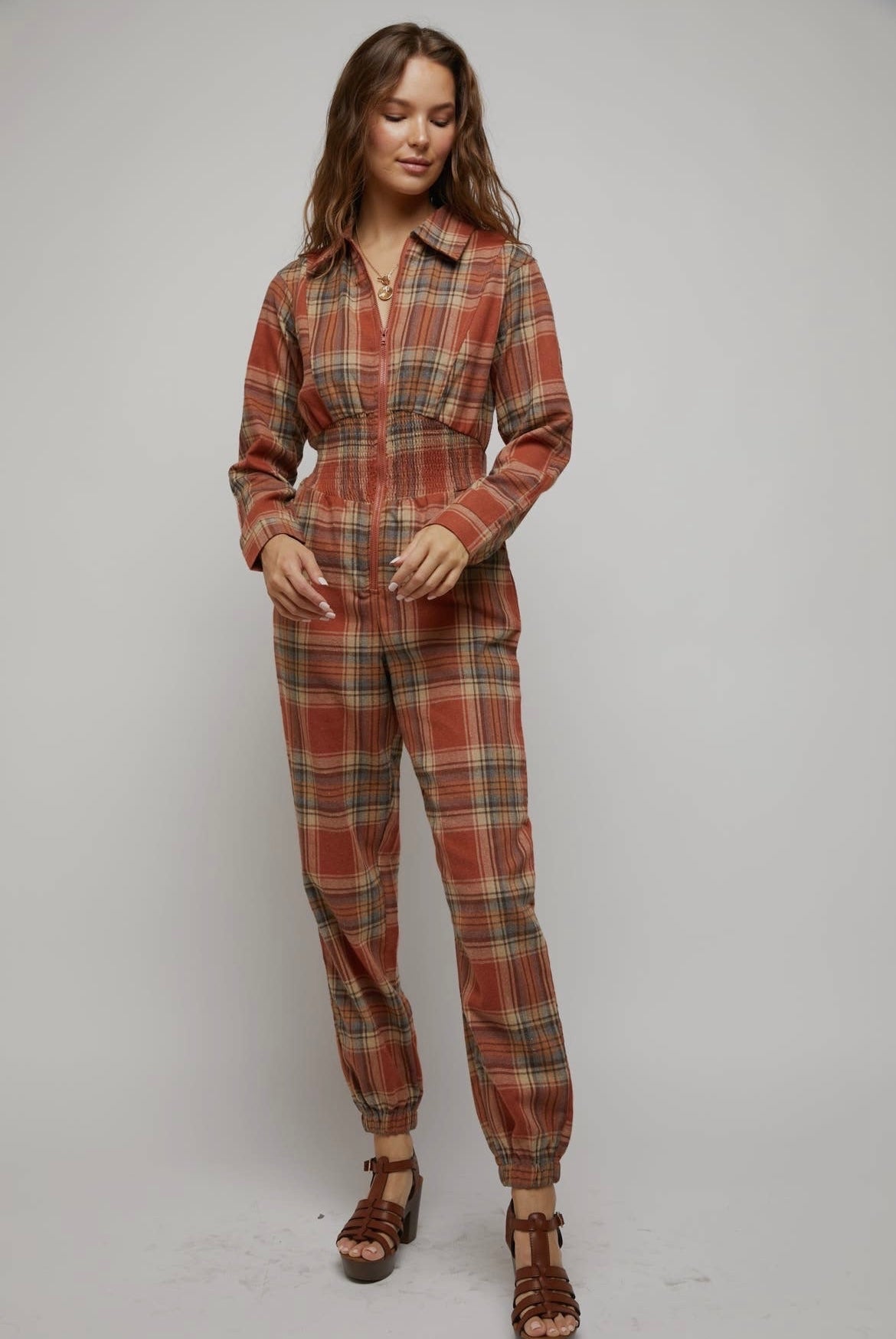 Rust Plaid Zip Down Jumpsuit