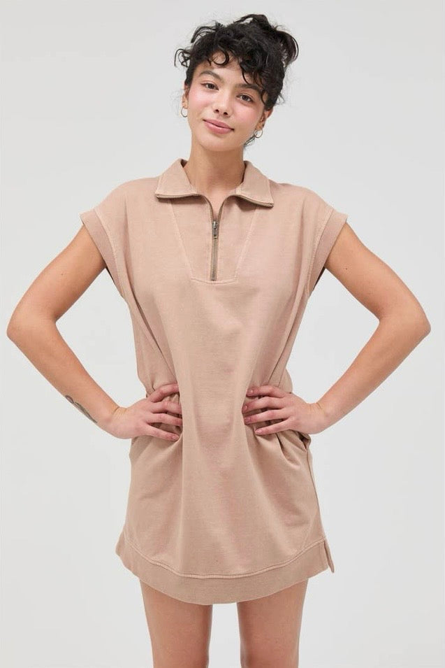 Taupe Half Zip Mock Neck Mini Dress