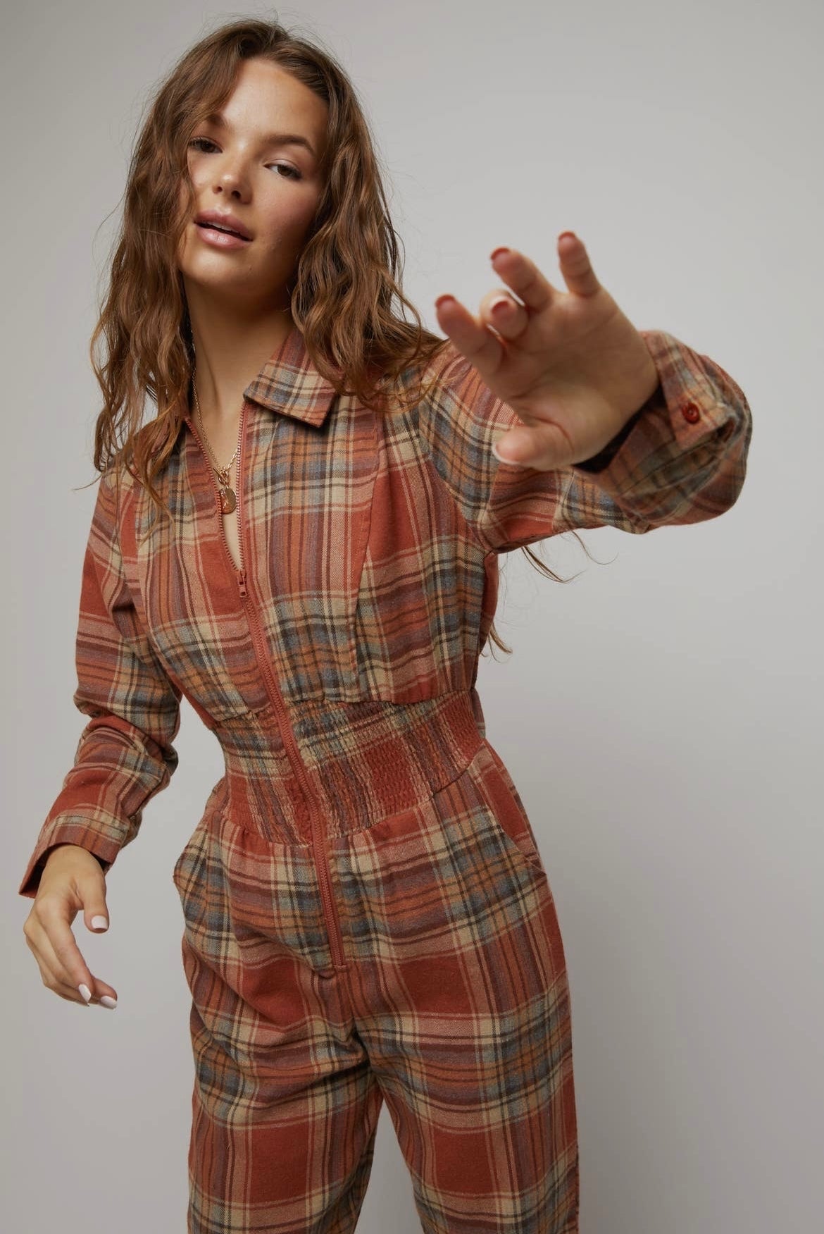 Rust Plaid Zip Down Jumpsuit