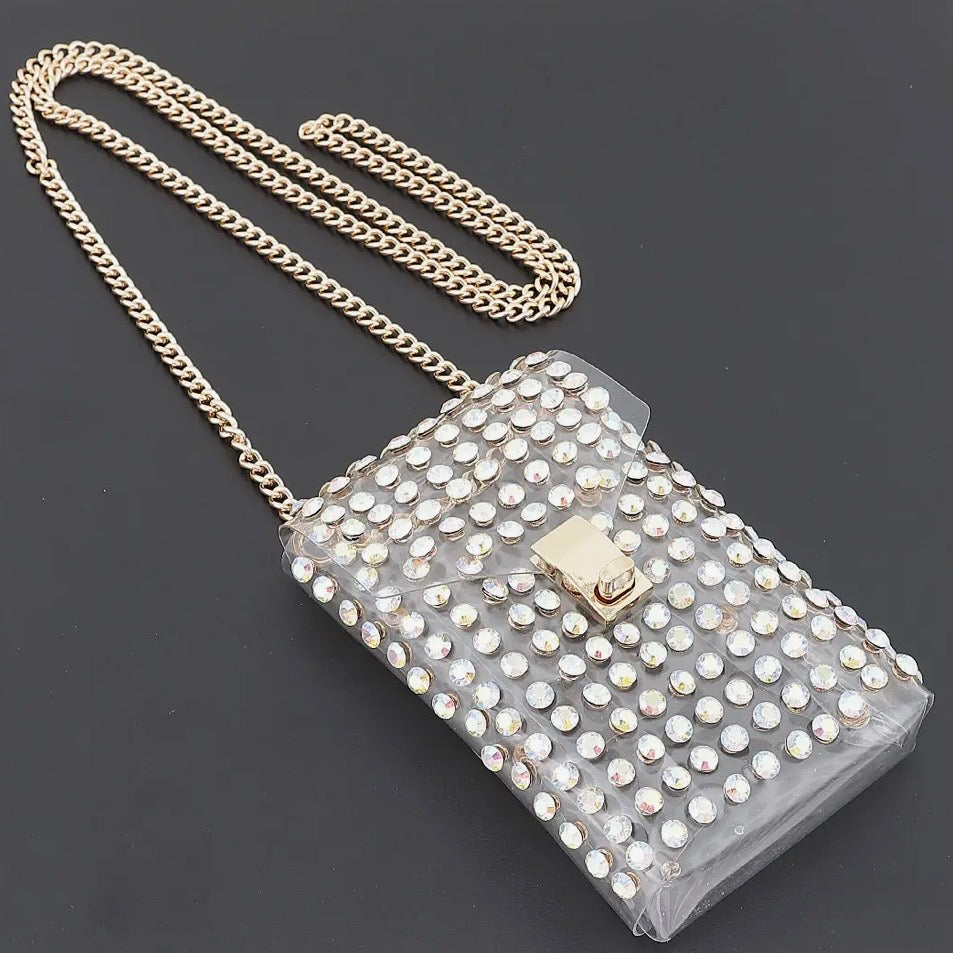 Rhinestone Pearl Clear Belt Stadium 
Bag w Chain