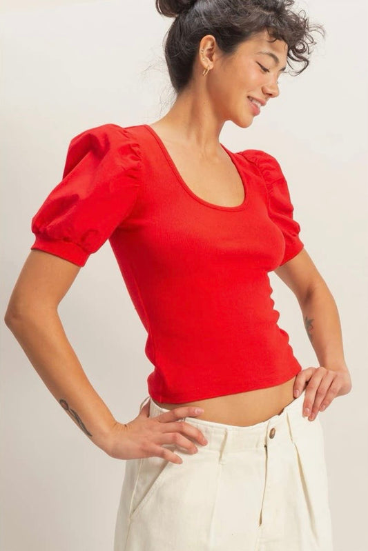 Ribbed Puff Sleeve
Scoop Neck Top