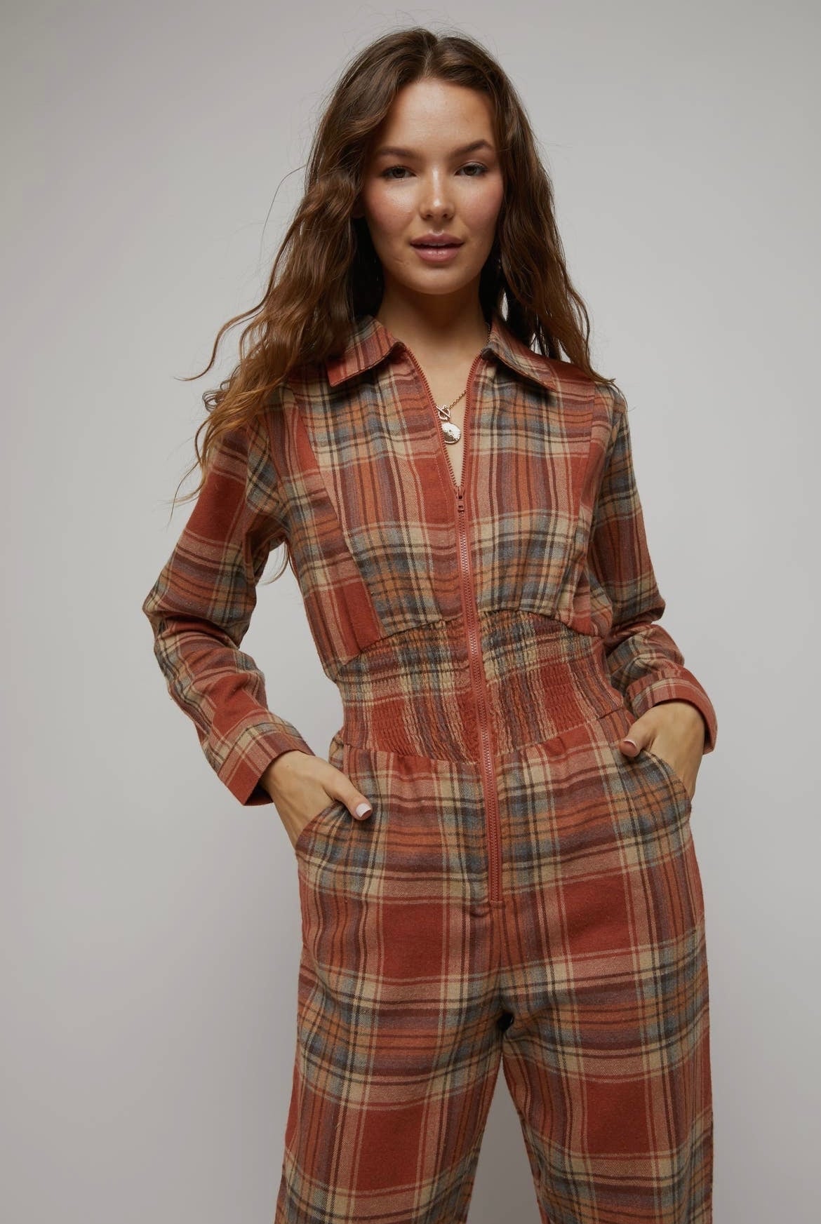 Rust Plaid Zip Down Jumpsuit