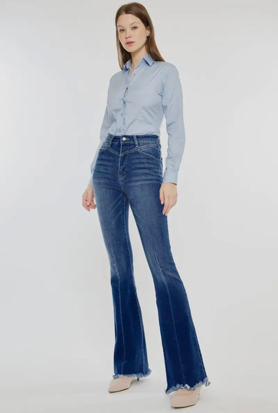 Kan Can Western High Rise Frayed Hem Flare Jeans