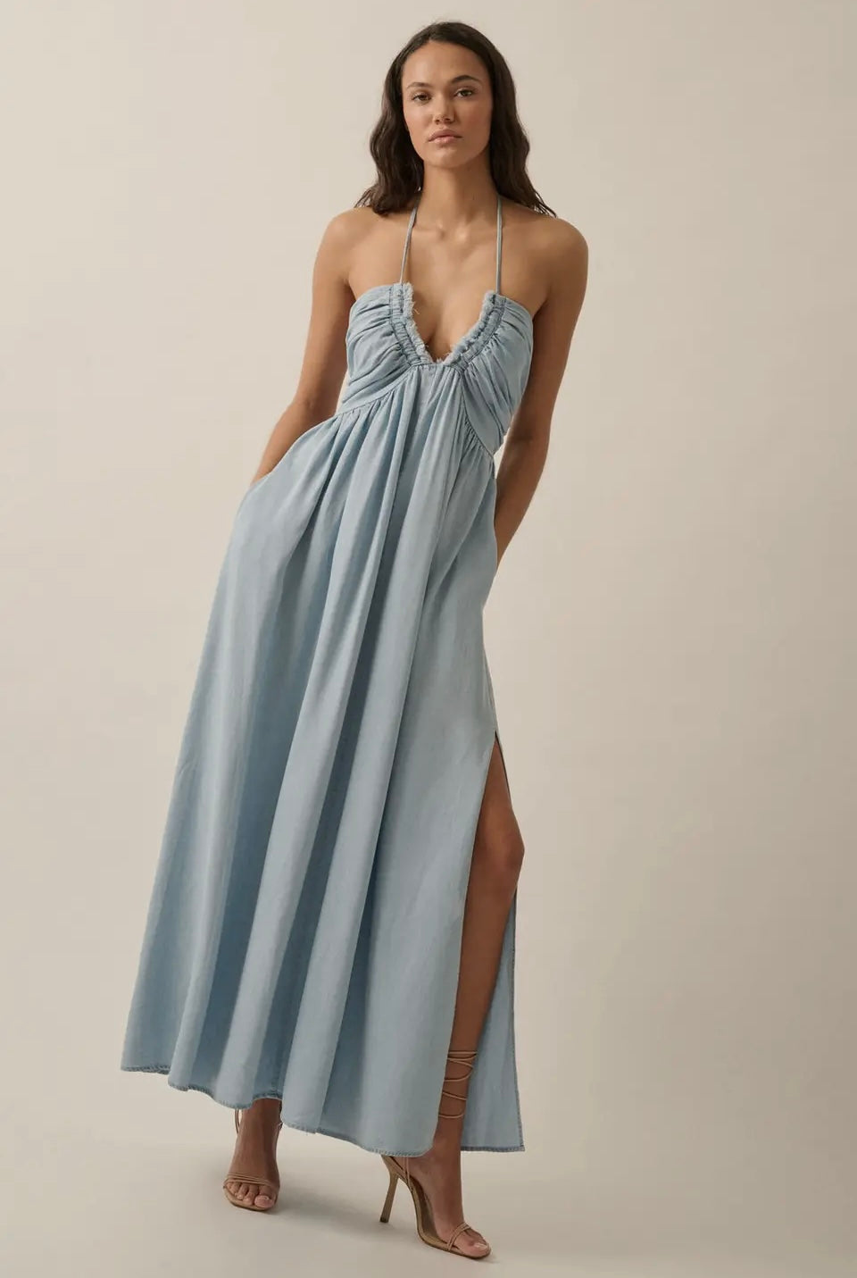 Plunging Halter Denim Maxi Dress