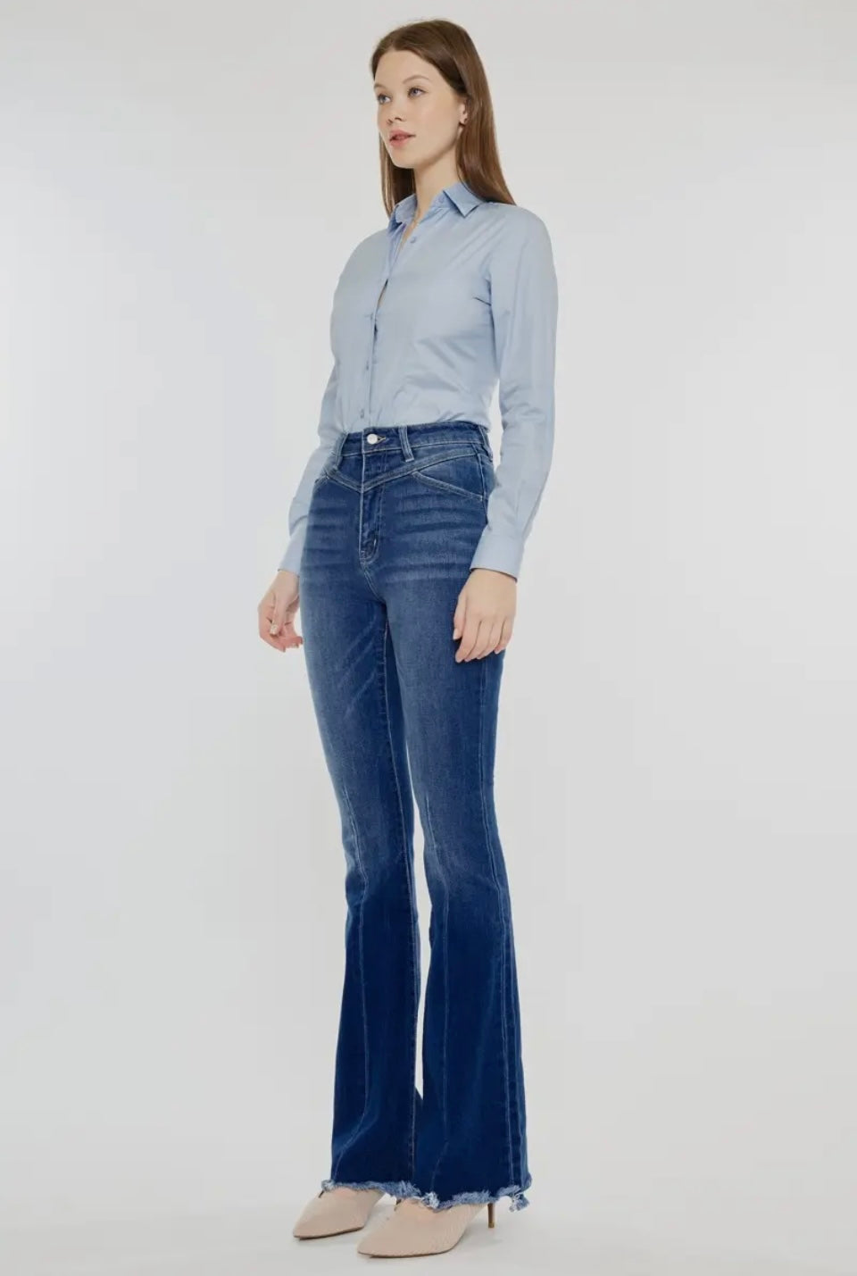 Kan Can Western High Rise Frayed Hem Flare Jeans