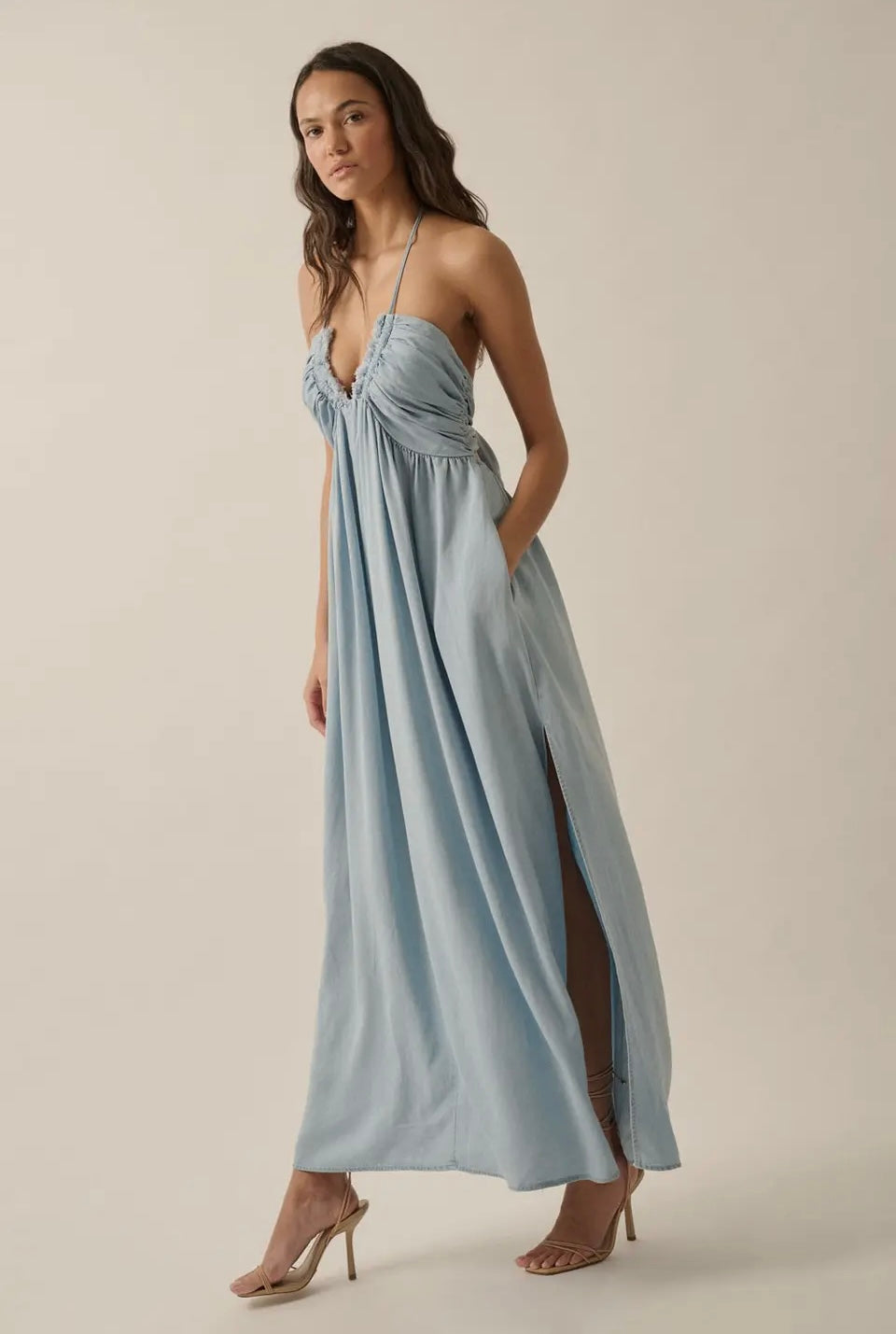Plunging Halter Denim Maxi Dress