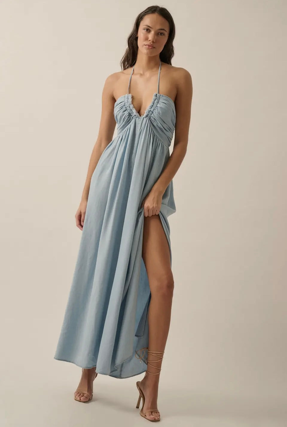 Plunging Halter Denim Maxi Dress