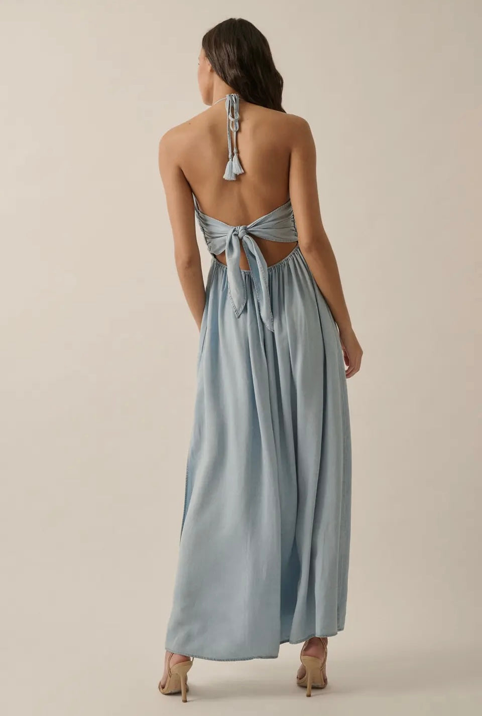 Plunging Halter Denim Maxi Dress