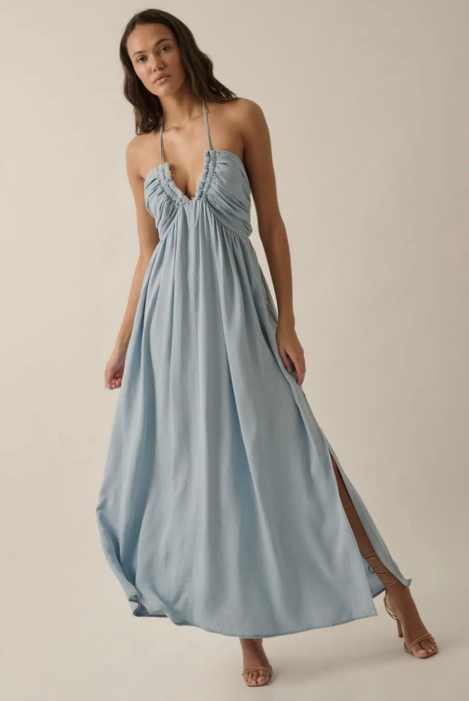 Plunging Halter Denim Maxi Dress