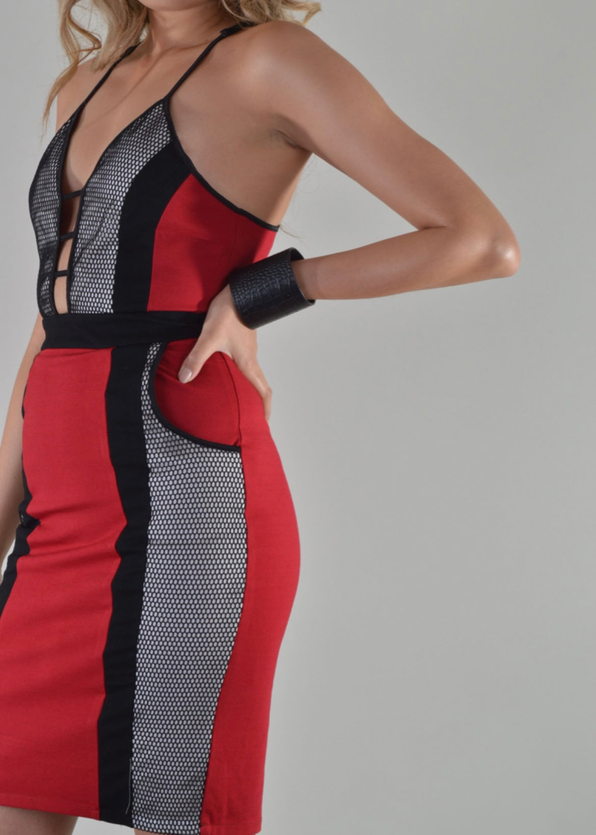 Red Bandage Plunge Dress with Monochrome Mesh