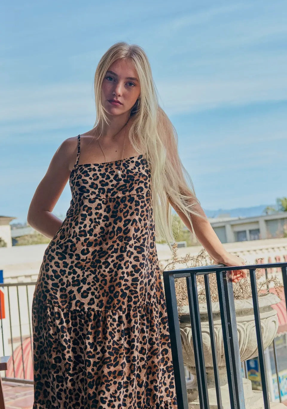 Leopard Square Neck Satin Cami Midi Dress