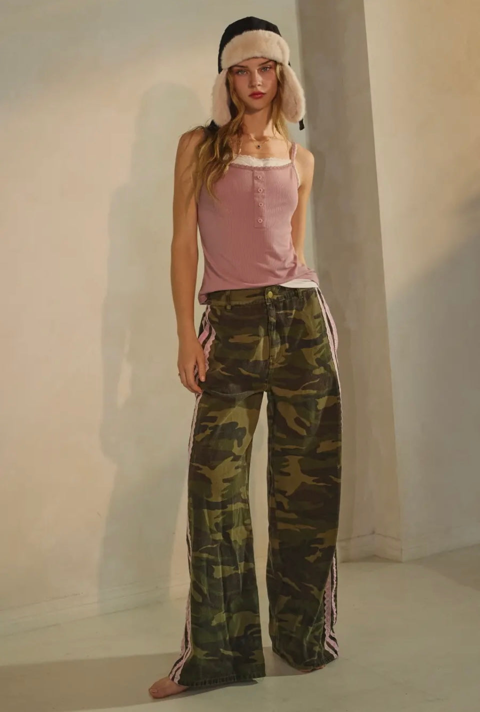 Washed Camo Printed Cotton Pants