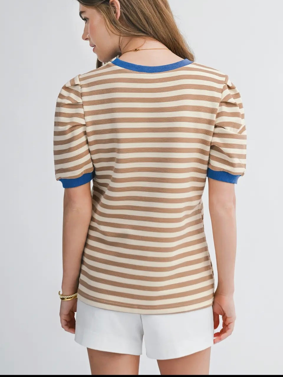 Brown Striped Puff Sleeve Top
