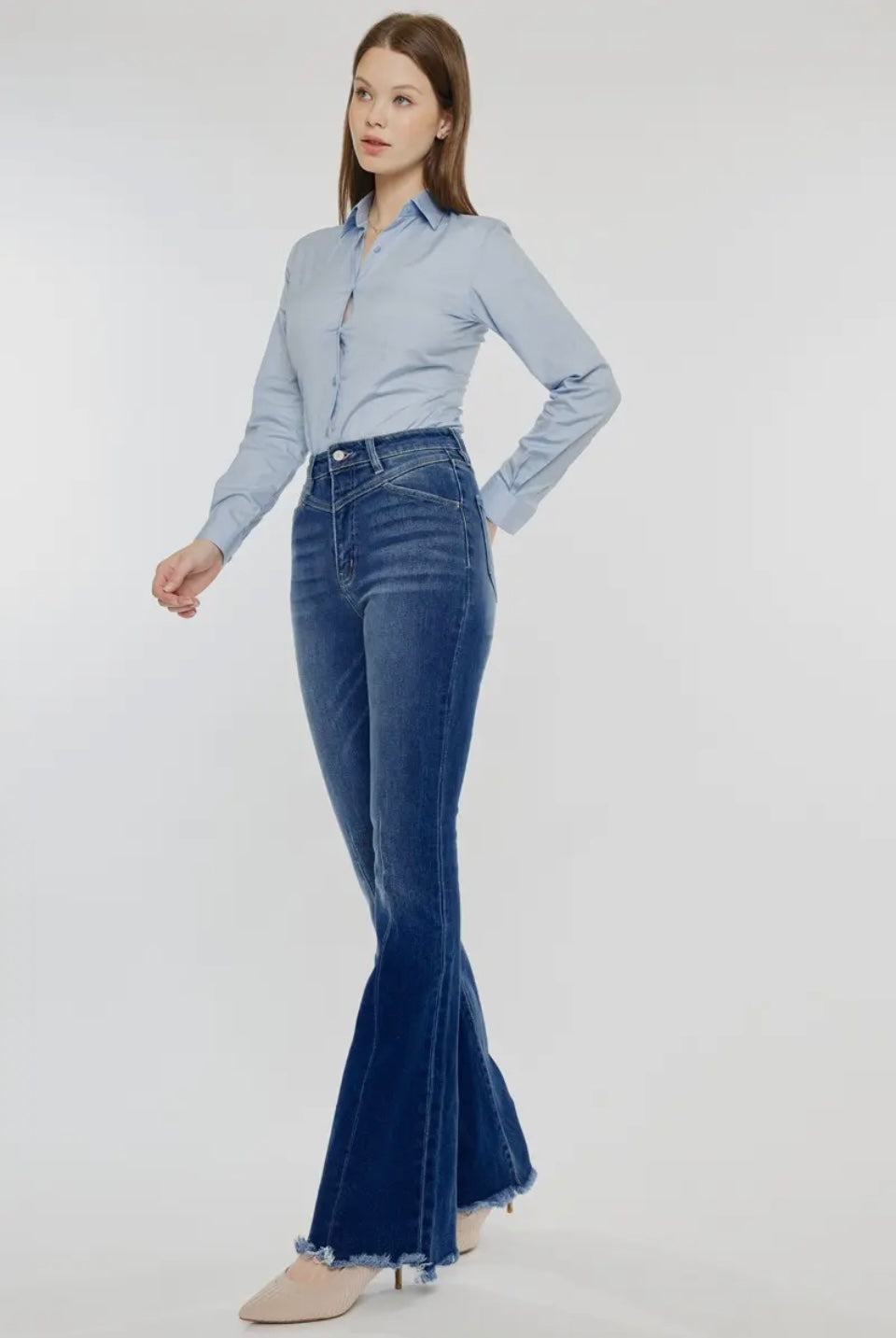 Kan Can Western High Rise Frayed Hem Flare Jeans