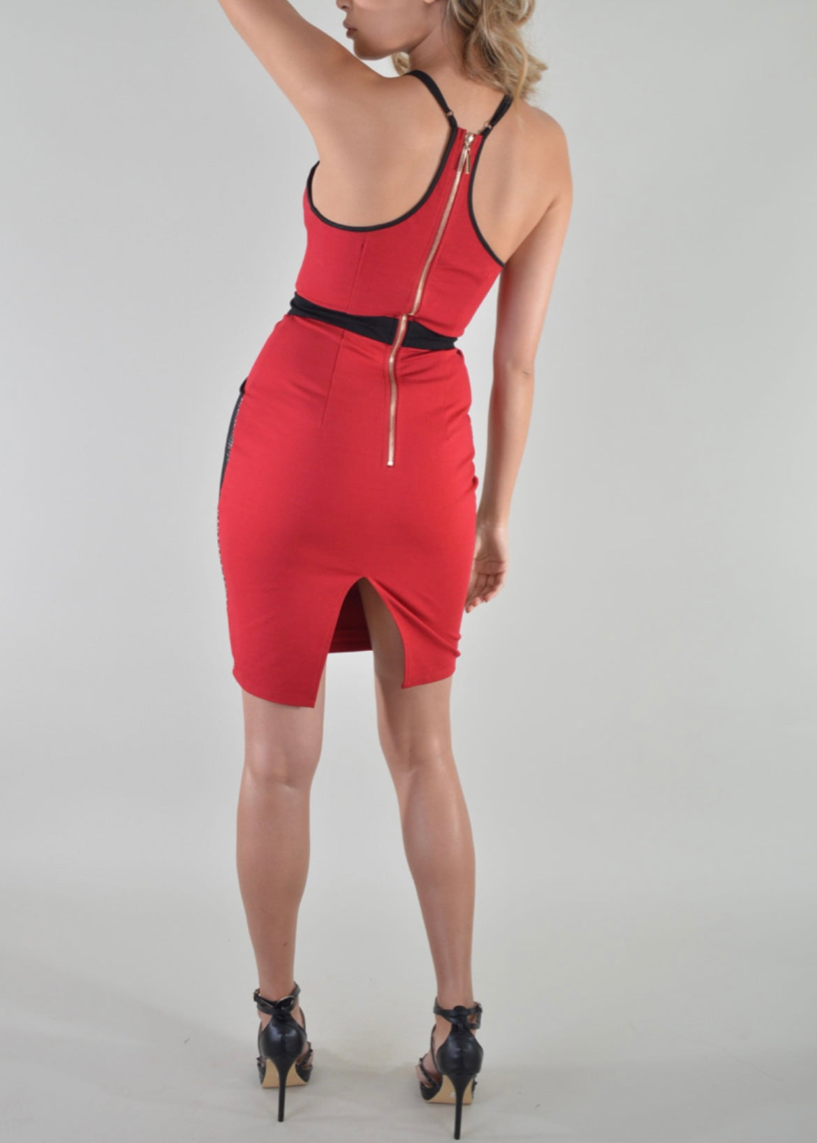 Red Bandage Plunge Dress with Monochrome Mesh