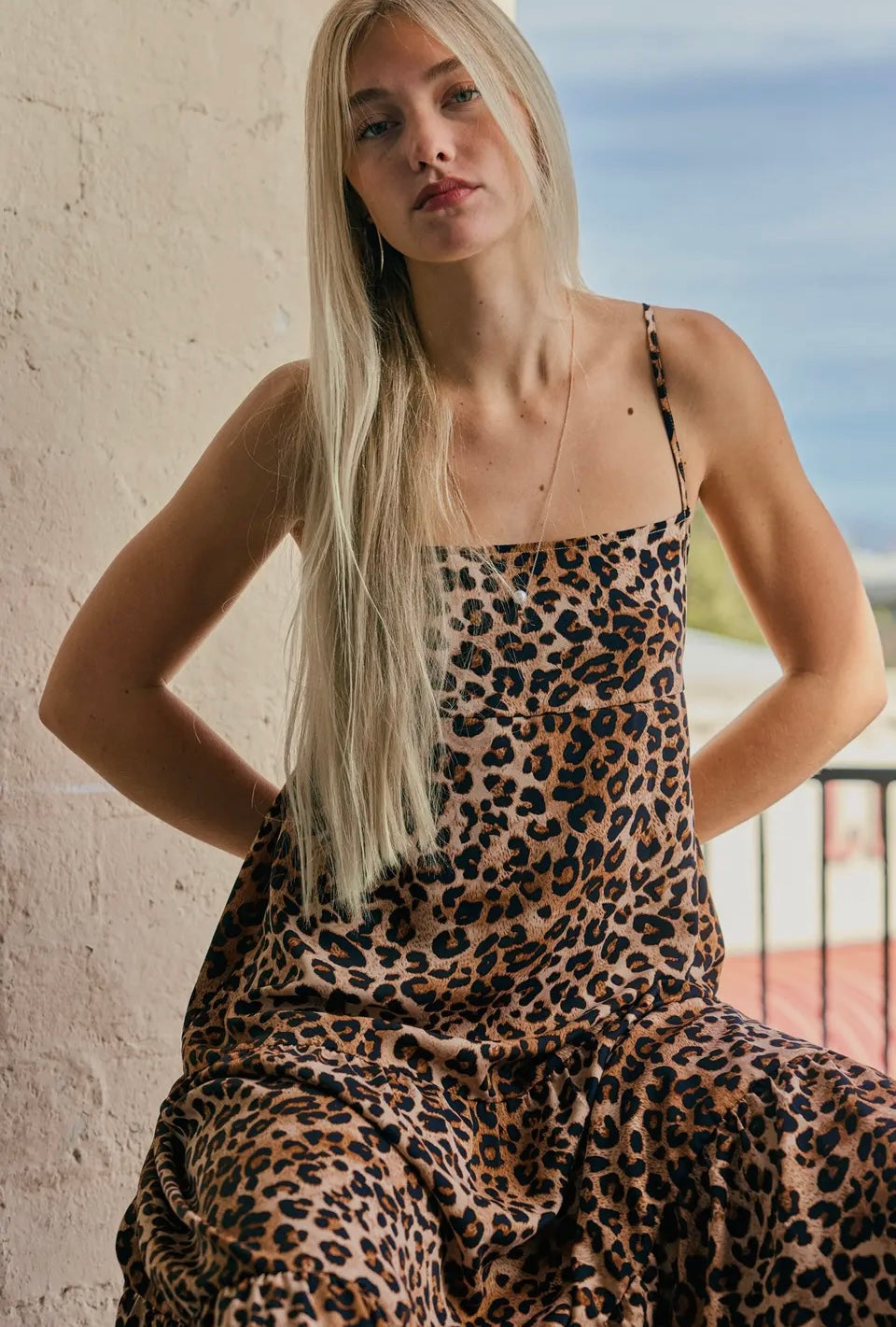 Leopard Square Neck Satin Cami Midi Dress