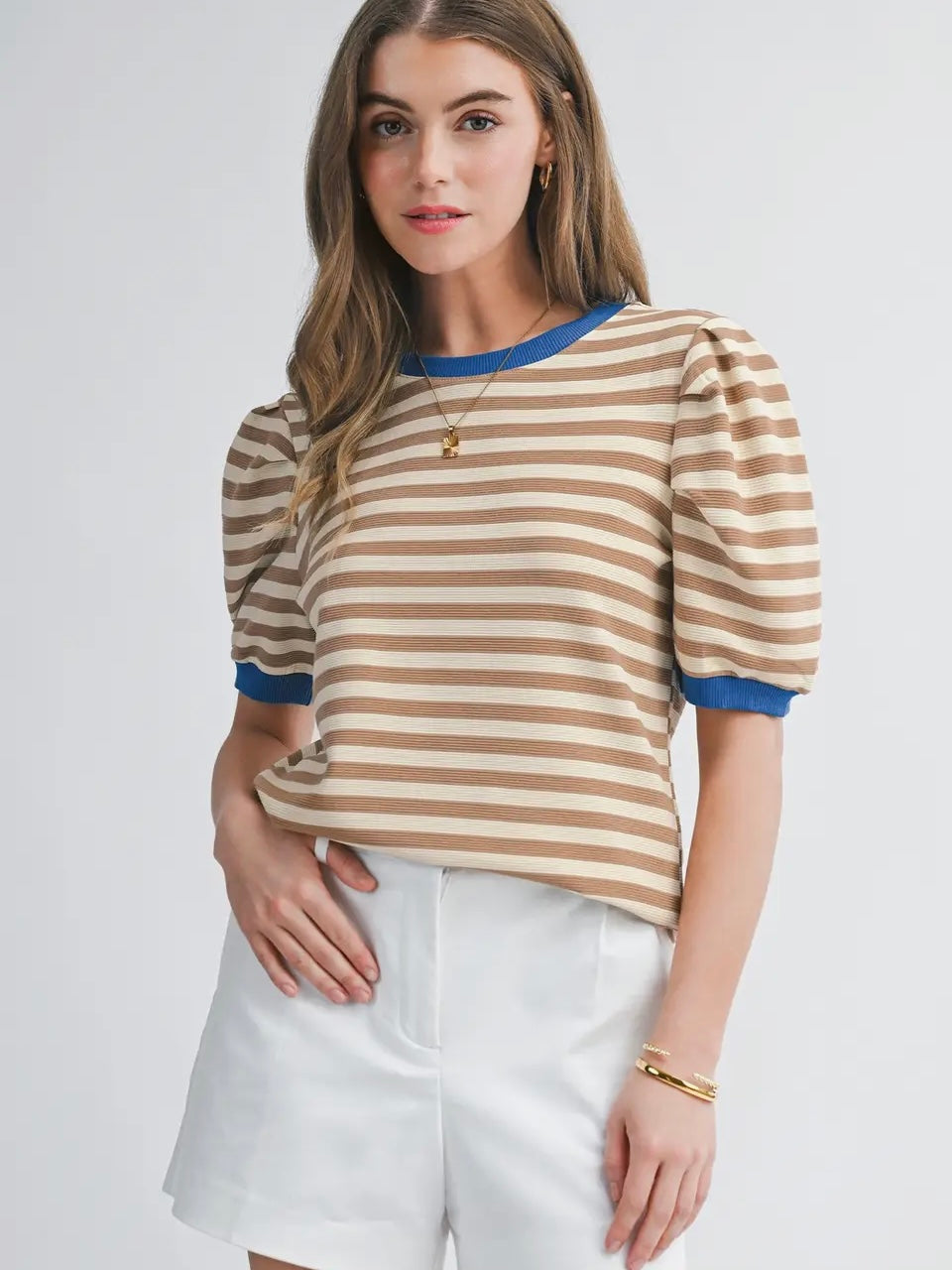 Brown Striped Puff Sleeve Top