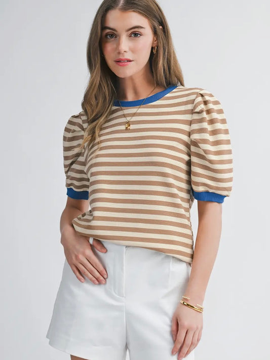 Brown Striped Puff Sleeve Top