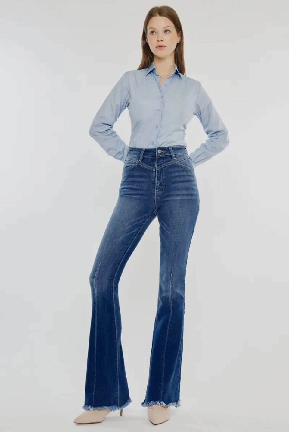Kan Can Western High Rise Frayed Hem Flare Jeans