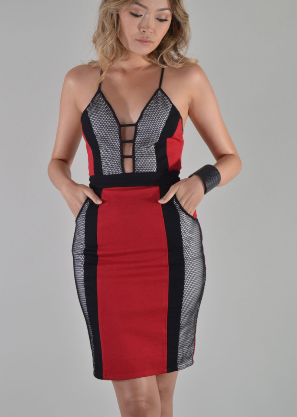 Red Bandage Plunge Dress with Monochrome Mesh