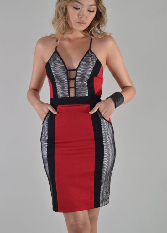 Red Bandage Plunge Dress with Monochrome Mesh