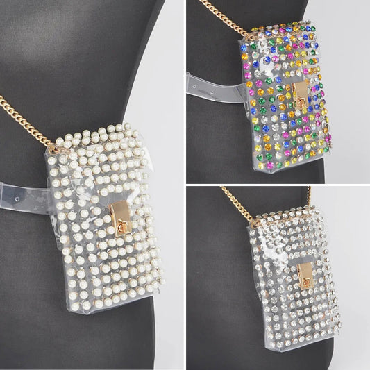 Rhinestone Pearl Clear Belt Stadium 
Bag w Chain