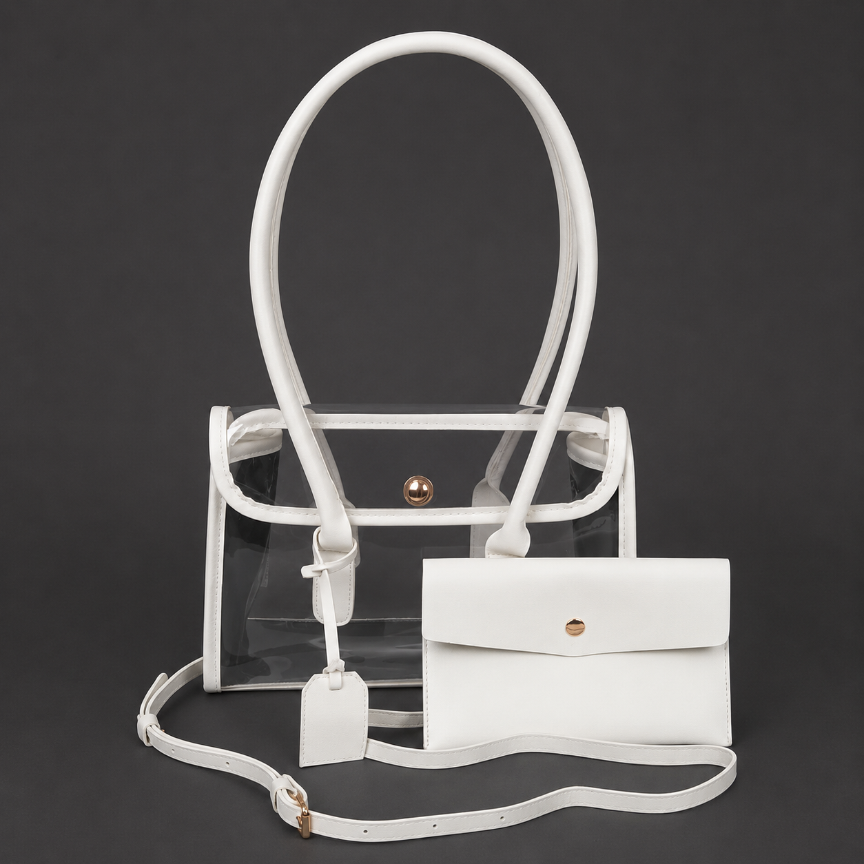 White Faux Leather Trimmed Clear Stadium Bag